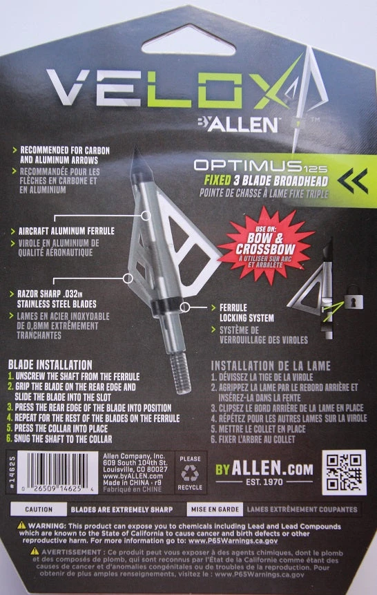 Archery Allen Velox Optimus 125 Fixed 3 Blade Broadhead 14625 5 Archery Allen Velox Optimus 125 Fixed 3 Blade Broadhead 14625