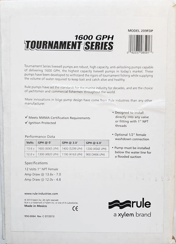 Marine Rule 1600GPH Tournament Series Dual Port Livewell-Baitwell Pump 209FDP 5 Marine Rule 1600GPH Tournament Series Dual Port Livewell-Baitwell Pump 209FDP