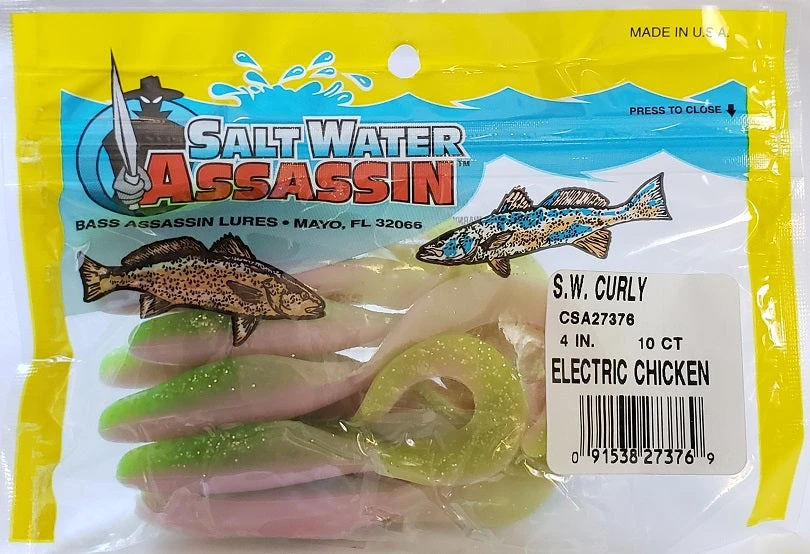 Lures & Bait SaltWater Assassin Curly Tail Electric Chicken 4" 10pk 4 Lures & Bait SaltWater Assassin Curly Tail Electric Chicken 4" 10pk