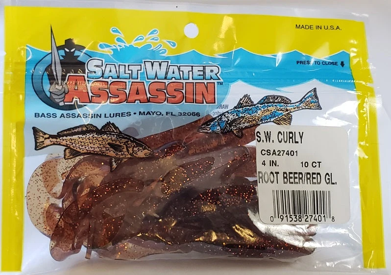 SaltWater Assassin Curly Tail Rootbeer/Red Glitter 4" 10pk 3 SaltWater Assassin Curly Tail Rootbeer/Red Glitter 4" 10pk