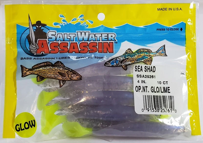 SaltWater Assassin Sea Shad Opening Night/Glow Limereuse 4" 10pk SaltWater Assassin Sea Shad Opening Night/Glow Limereuse 4" 10pk