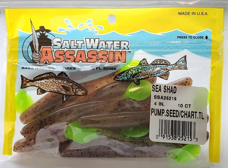SaltWater Assassin Sea Shad Pumpkin Seed/Chartreuse 4" 10pk Lures & Bait SaltWater Assassin Sea Shad Pumpkin Seed/Chartreuse 4" 10pk Lures & Bait