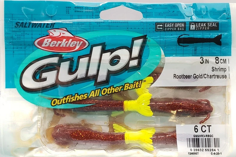 Lures & Bait Berkley Gulp! Shrimp Rootbeer Gold/Chartreuse 3" 6pk 4 Lures & Bait Berkley Gulp! Shrimp Rootbeer Gold/Chartreuse 3" 6pk